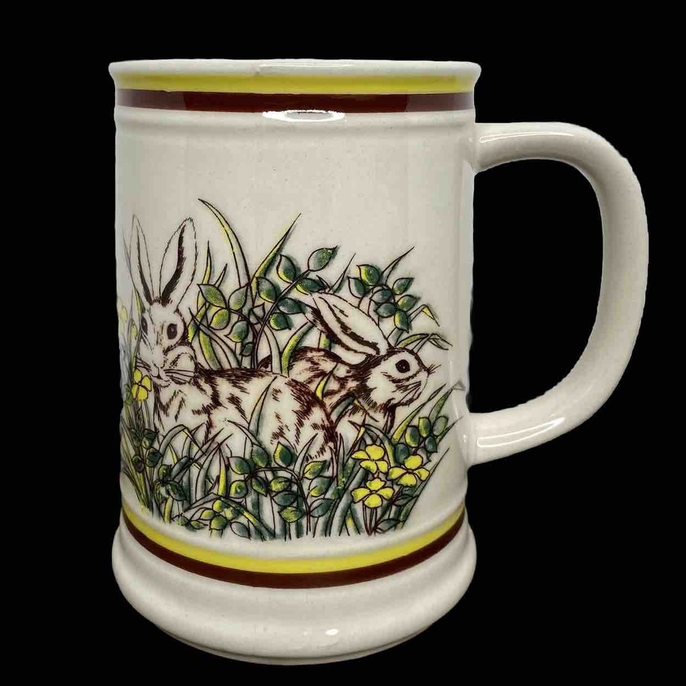 VTG Textured Bunny Rabbits Mug Stoneware Japan 80's
